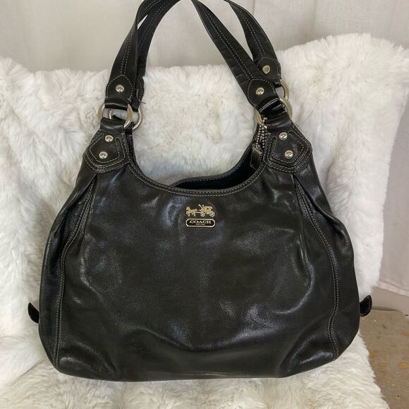 Coach Woman Black Leather Madison Maggie 3 Section Hobo Shoulder Tote Bag 14336 - Picture 3 of 17